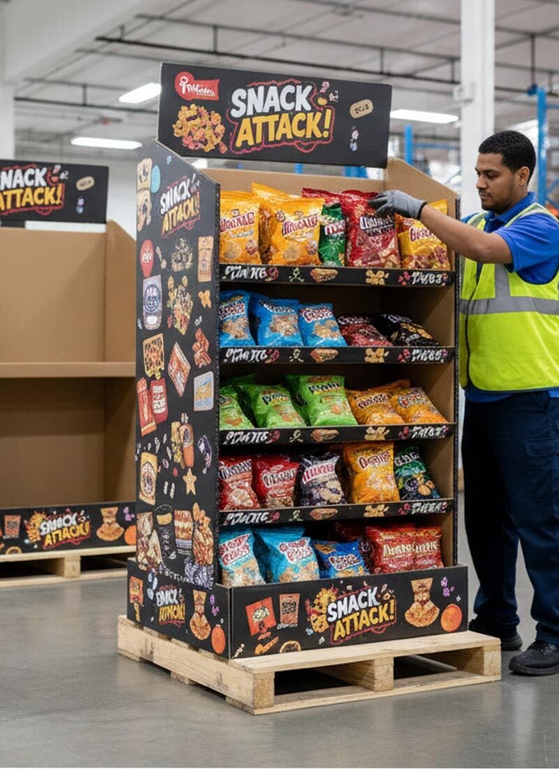 contract packaging worker loading retail display pallet industrial packaging