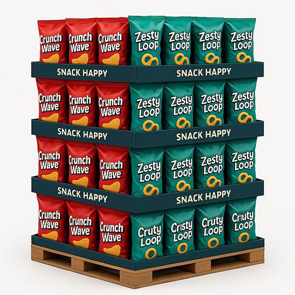 full pallet snack food retail display with corrugated shelves